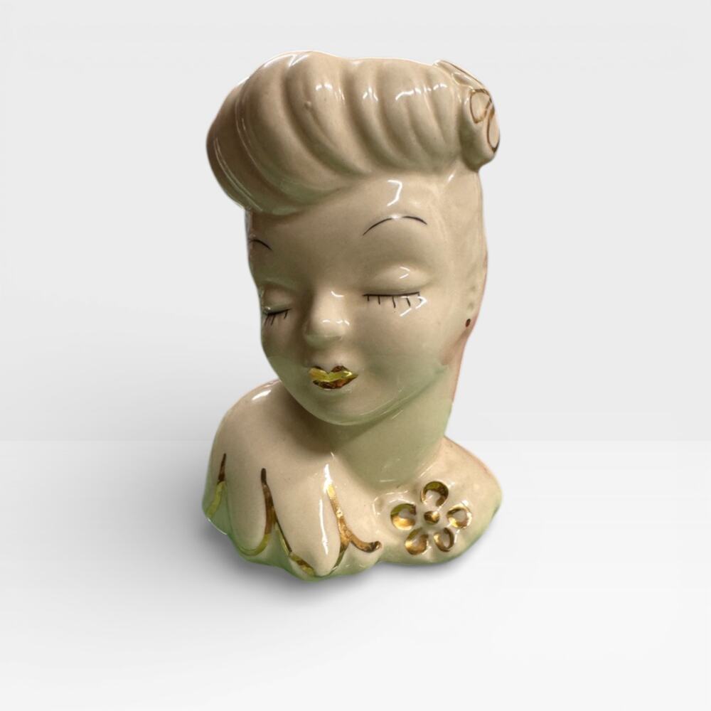 Vintage 1940s Glamour Girls Head Vase Ceramic White Gold Planter